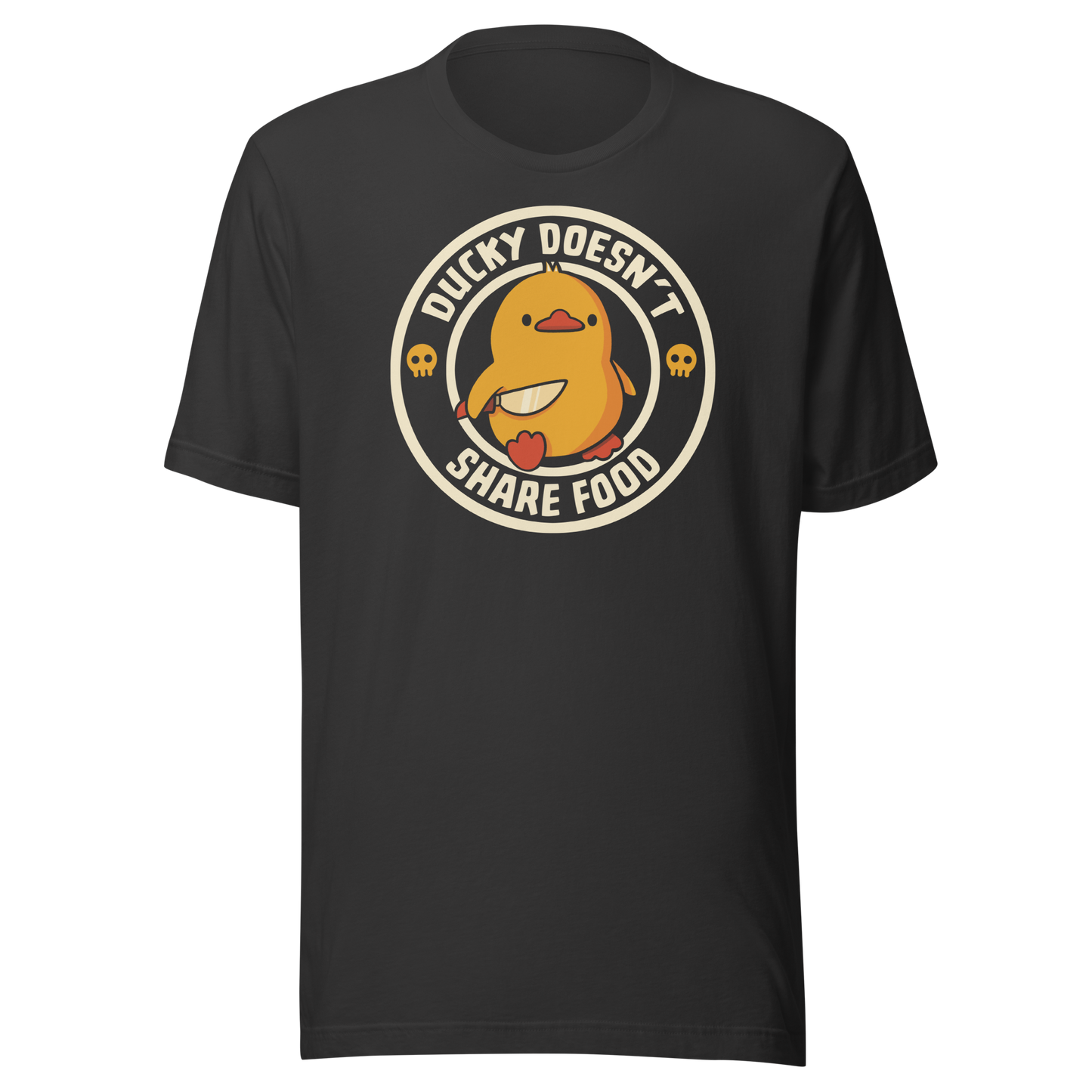 A cute yellow duck holding a small knife, paired with the phrase “Ducky Doesn’t Share Food”. A funny and sarcastic design that contrasts adorable looks with an aggressive, food-protective duck attitude.