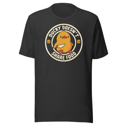A cute yellow duck holding a small knife, paired with the phrase “Ducky Doesn’t Share Food”. A funny and sarcastic design that contrasts adorable looks with an aggressive, food-protective duck attitude.