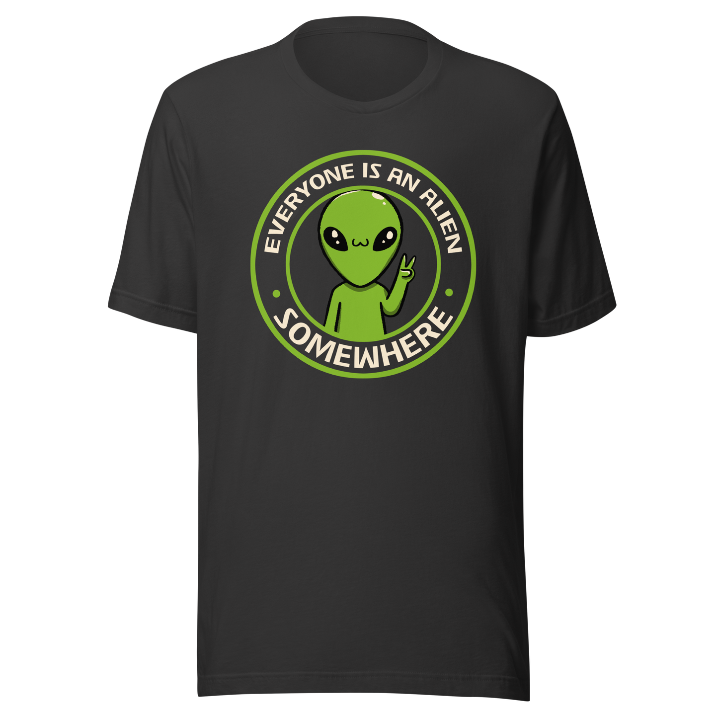 A stamp-style design of a green alien making a “V” sign, paired with the phrase “Everyone Is An Alien Somewhere”. A playful artwork about feeling different and embracing individuality.