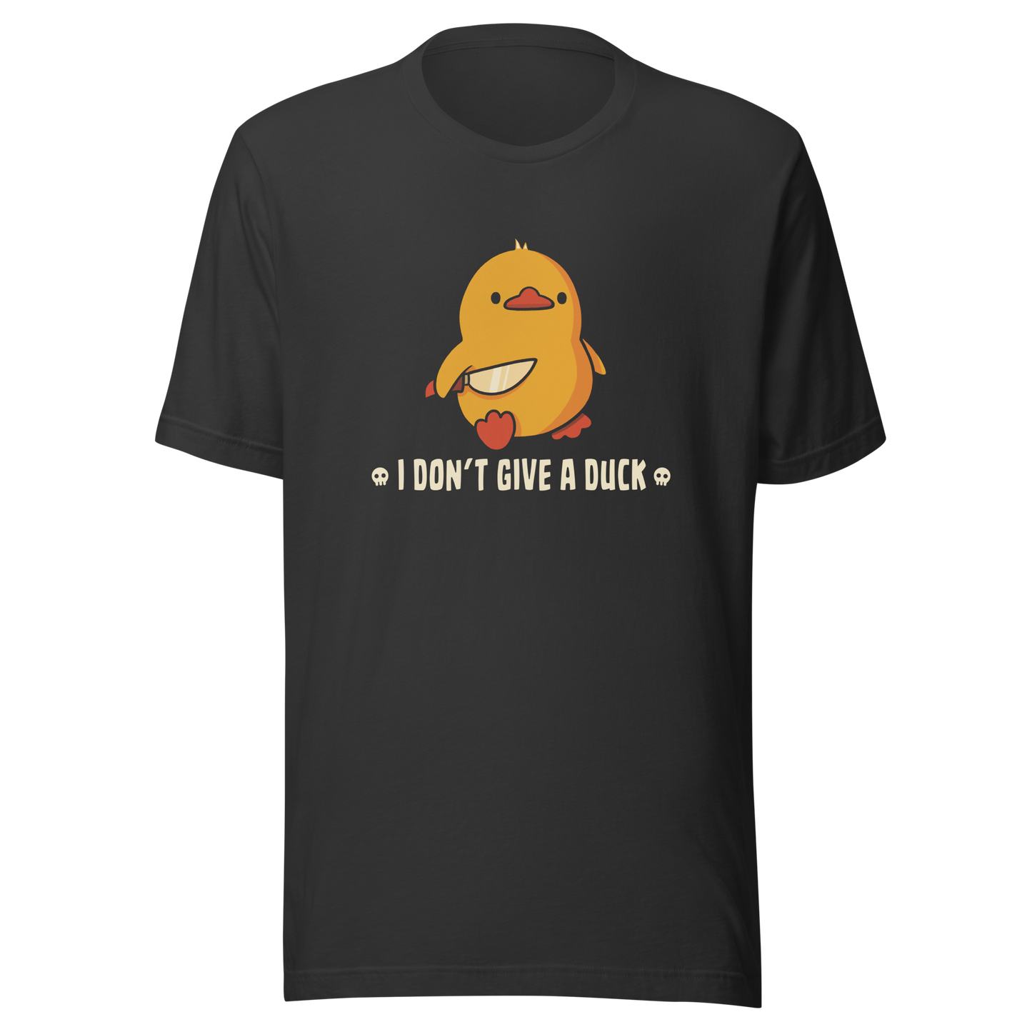 A cute yellow duck holding a small knife, around it the text "I Don't Give a Duck". An art that mixes humor with the temperament of ducks.