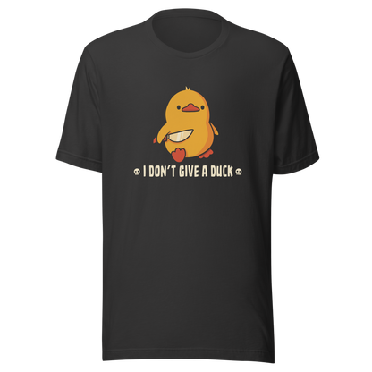 A cute yellow duck holding a small knife, around it the text "I Don't Give a Duck". An art that mixes humor with the temperament of ducks.