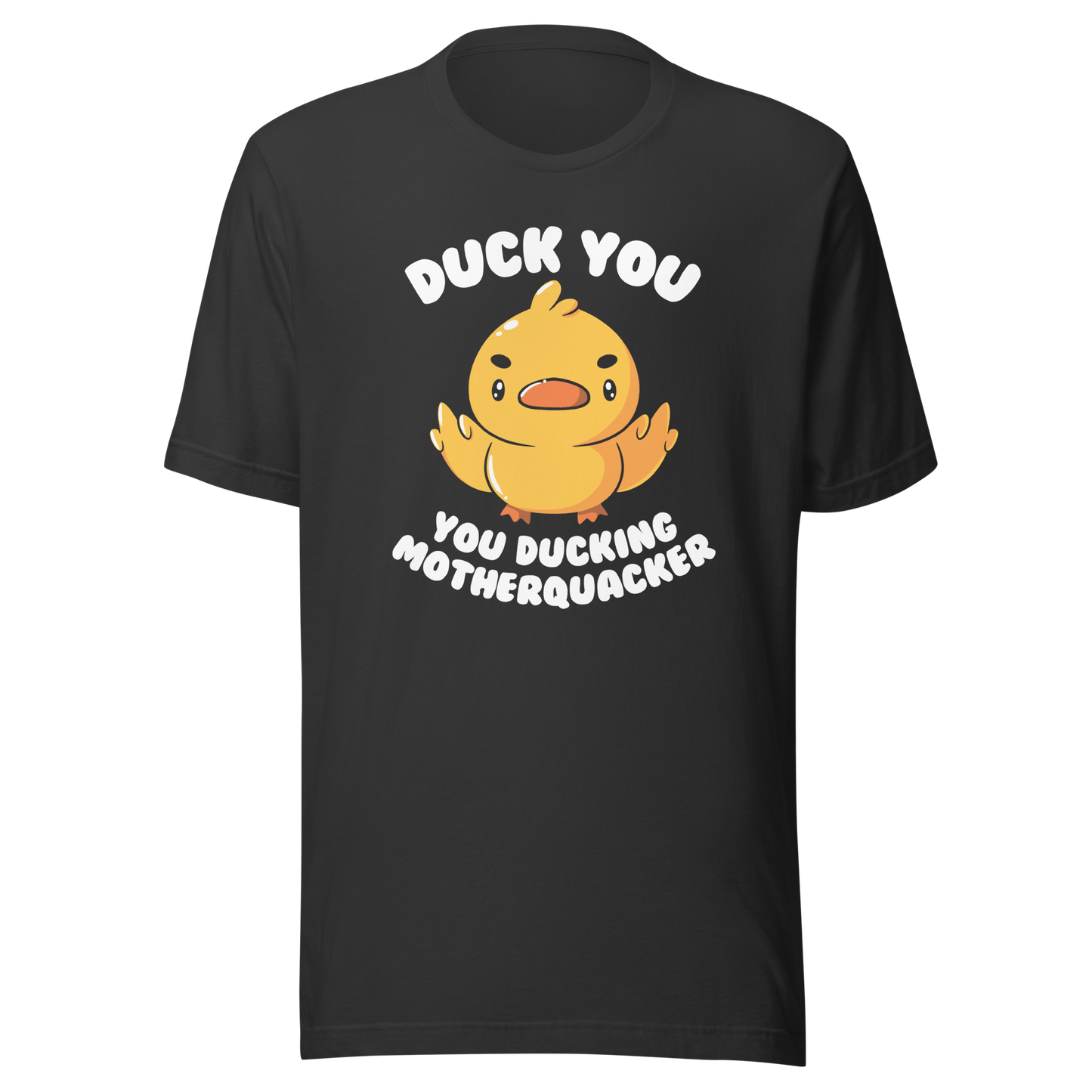 A cute yellow duckling with a mean face showing his middle fingers, next to it the phrase "Duck You, you ducking motherquacker". An art with humor for those who love ducks.
