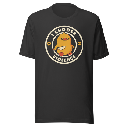 A cute yellow duck holding a small knife, around it the text "I choose violence". An art that mixes humor with the temperament of ducks.