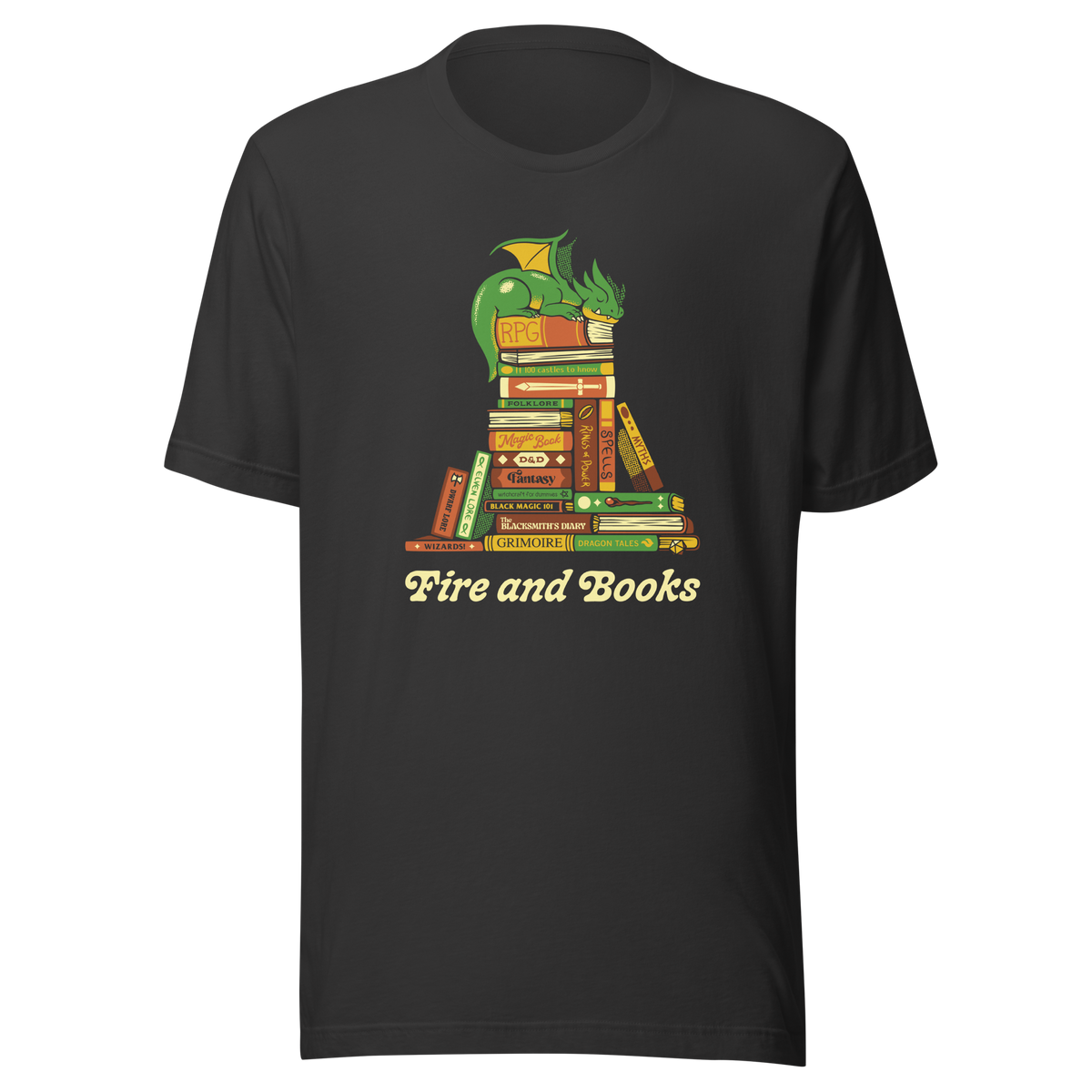A dragon sleeps peacefully atop a stack of magic, RPG and mythology books with the phrase “Fire and Books” below. Blending fantasy and a love of reading, this design is perfect for RPG fans, fantasy readers and anyone who keeps their inner fire alive through stories.