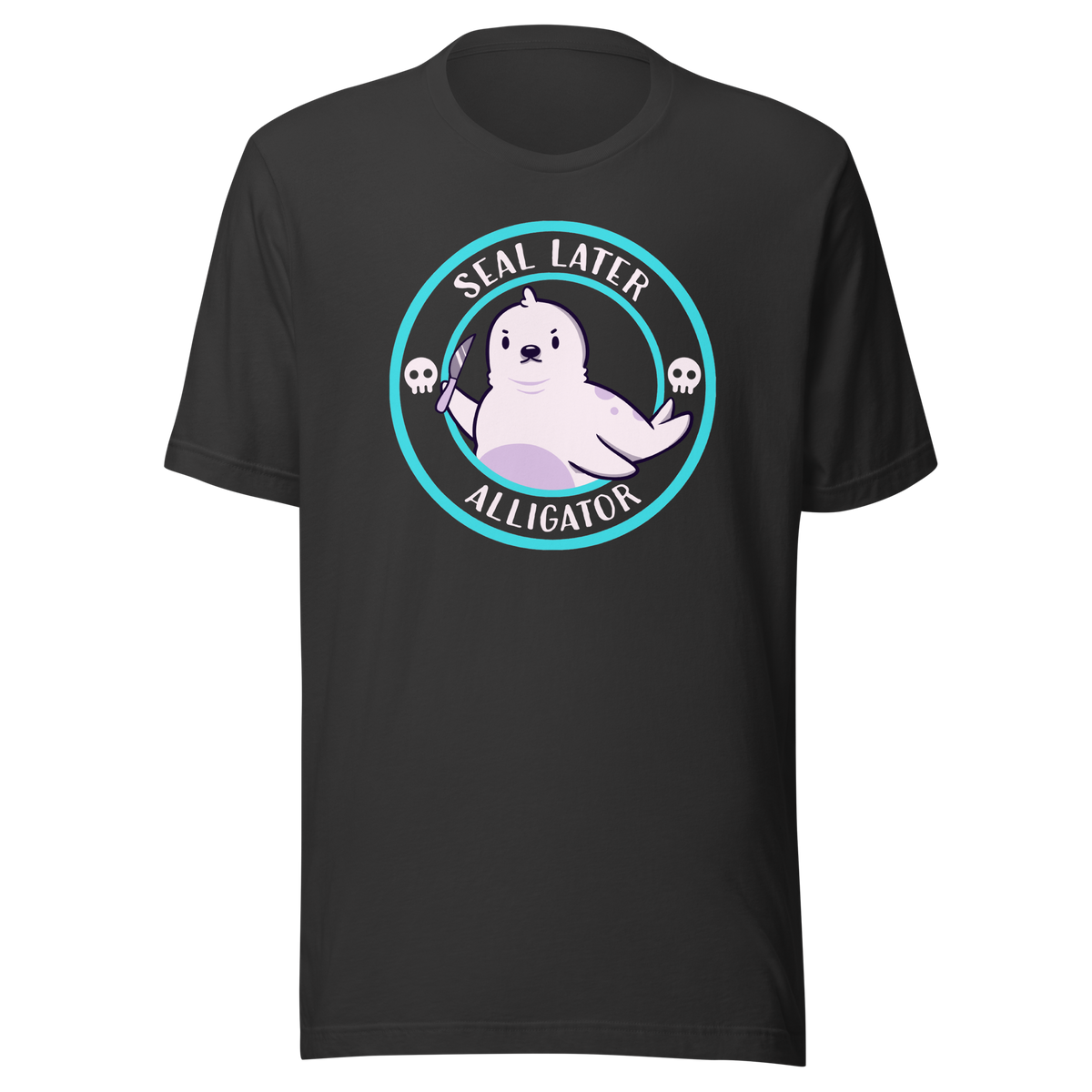 A purple-toned stamp illustration featuring a serious seal holding a knife, paired with the phrase “Seal Latter Alligator”. This playful design blends bold visuals with clever wordplay, making it a perfect gift for fans of puns, seals, and quirky humor.