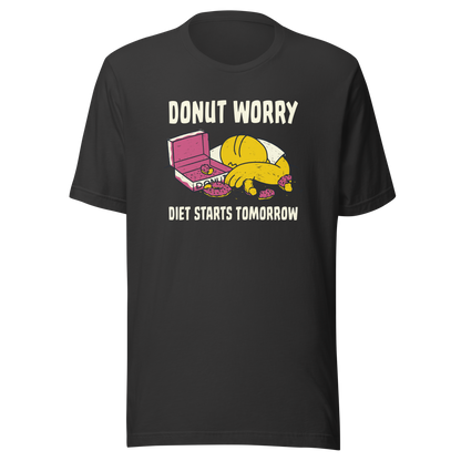 A playful design featuring a sleepy yellow cartoon character next to an open box of donuts, surrounded by crumbs and icing, with the phrase “Donut Worry Diet Starts Tomorrow”. Sweet, relatable and full of humor, it’s the perfect gift for donut lovers and anyone who believes diets can always start tomorrow.