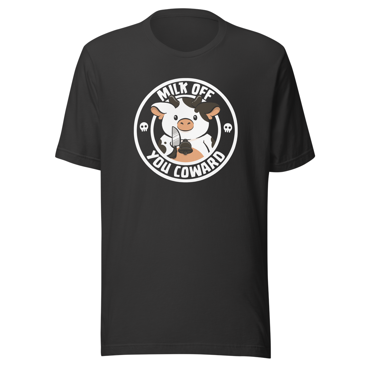 A quirky stamp-style design featuring a cute spotted cow holding a knife alongside the phrase "Milk Off You Coward". Blending dark humour with a cheeky attitude, this playful design is perfect for cow lovers, fans of sarcastic humour, and anyone who enjoys bold, irreverent artwork.