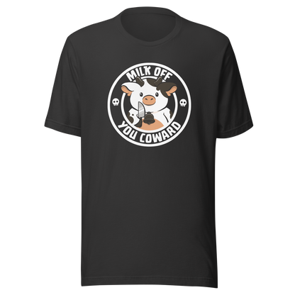 A quirky stamp-style design featuring a cute spotted cow holding a knife alongside the phrase "Milk Off You Coward". Blending dark humour with a cheeky attitude, this playful design is perfect for cow lovers, fans of sarcastic humour, and anyone who enjoys bold, irreverent artwork.
