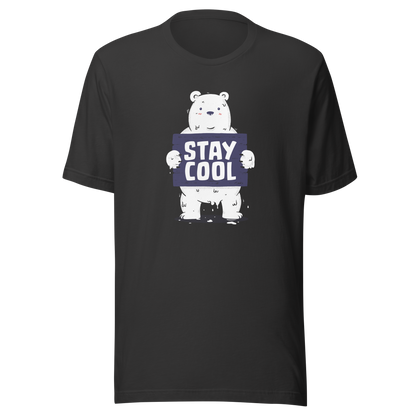 A cute melting polar bear holding a sign that reads ‘Stay Cool’. A playful and slightly sarcastic design that jokes about the phrase ‘stay cool’ while visually doing the opposite. A fun piece for fans of ironic humor and cute animal art.
