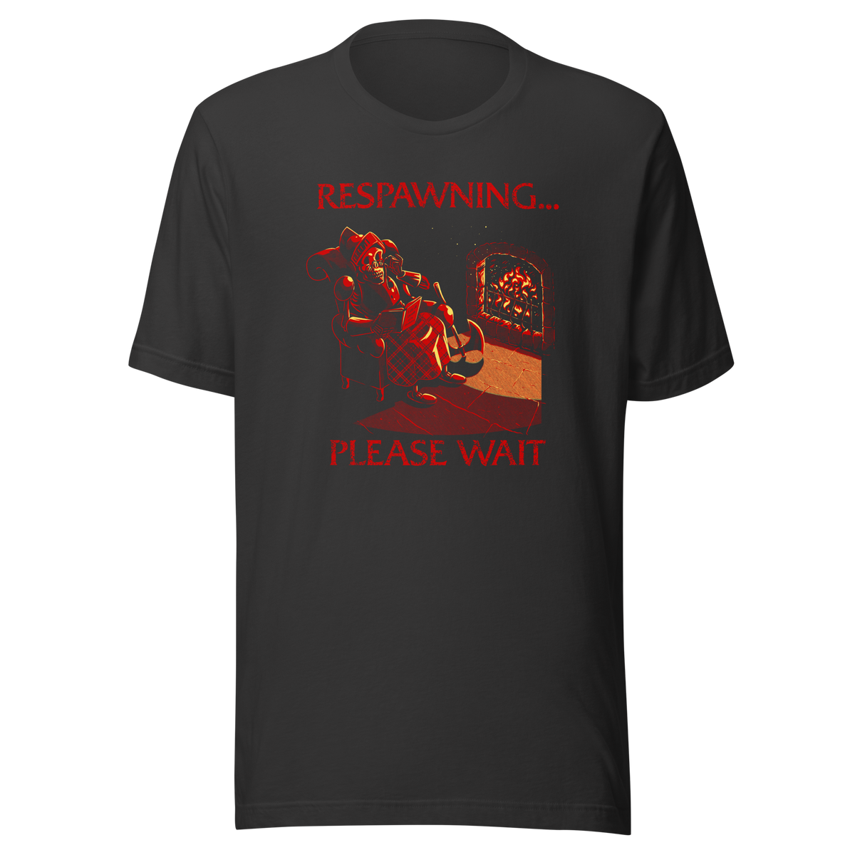 A skeleton warrior rests by the fireplace, sipping tea and reading while waiting to respawn. With cozy lighting and dark humor, this design is made for gamers who know death is just a short break.