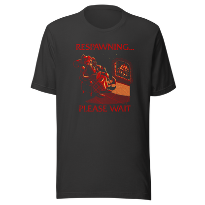 A skeleton warrior rests by the fireplace, sipping tea and reading while waiting to respawn. With cozy lighting and dark humor, this design is made for gamers who know death is just a short break.