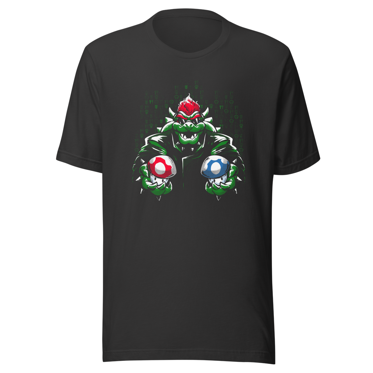 A fierce green fantasy creature with a red crest holds two colorful mushroom-like objects against a digital backdrop. Bold comic-style artwork, vivid contrasts, and a playful retro-gaming aesthetic create a powerful and energetic design.