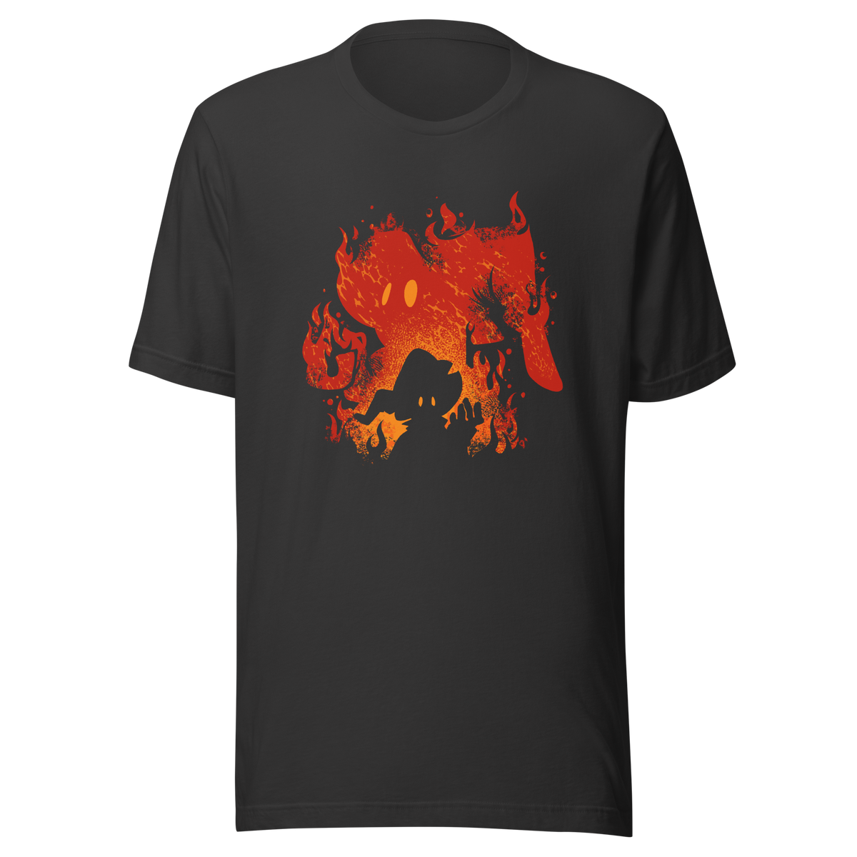 The silhouette of a character wearing a pointed hat emerges against a backdrop of their own shadow engulfed in flames, featuring a weathered texture. A striking design that evokes dark fantasy, magic, and fire.