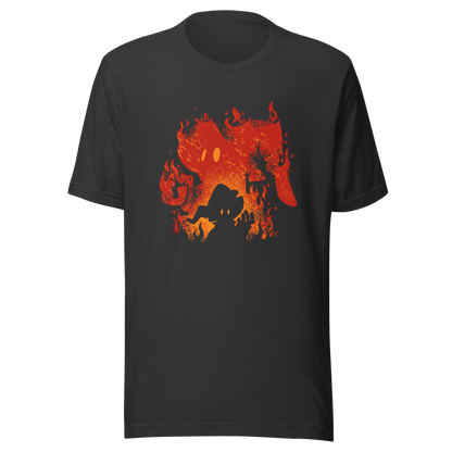The silhouette of a character wearing a pointed hat emerges against a backdrop of their own shadow engulfed in flames, featuring a weathered texture. A striking design that evokes dark fantasy, magic, and fire.