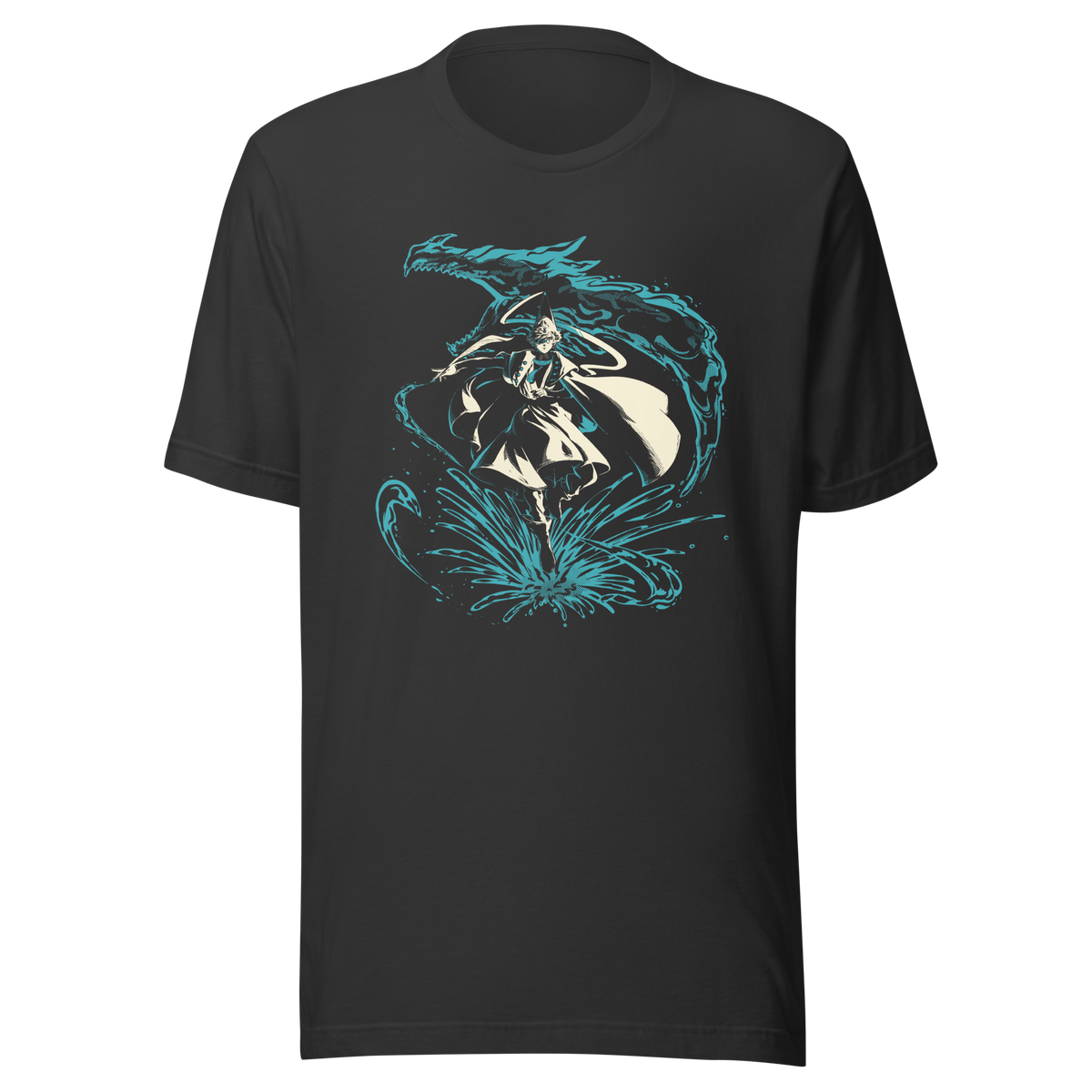 A fantasy warrior in flowing robes strides through a dramatic splash of water, framed by a massive serpentine dragon-like creature. The teal and cream artwork creates a powerful, mystical sense of motion and energy.