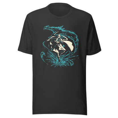 A fantasy warrior in flowing robes strides through a dramatic splash of water, framed by a massive serpentine dragon-like creature. The teal and cream artwork creates a powerful, mystical sense of motion and energy.