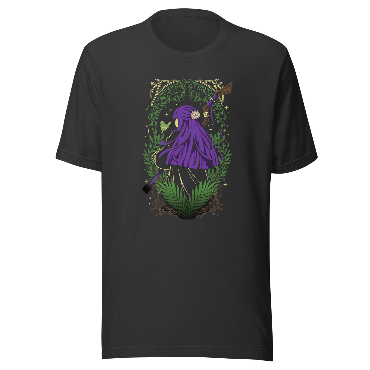 A character with long purple hair and a floral hair ornament stands facing away, holding a wooden staff. Green ferns, leafy branches, a butterfly, and decorative golden patterns surround the figure.