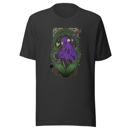 A character with long purple hair and a floral hair ornament stands facing away, holding a wooden staff. Green ferns, leafy branches, a butterfly, and decorative golden patterns surround the figure.