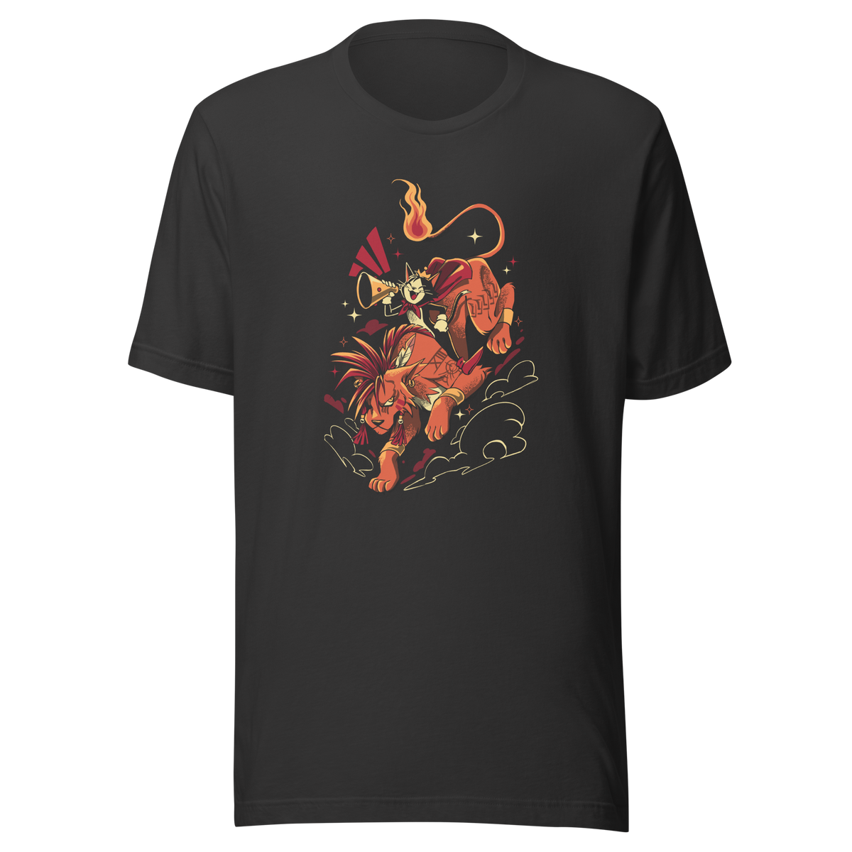 A fierce orange beast with spiky hair carries a small horn-blowing character in a red cape. A curling flaming tail, dramatic motion lines, stars, and swirling clouds create a bold fantasy adventure illustration.