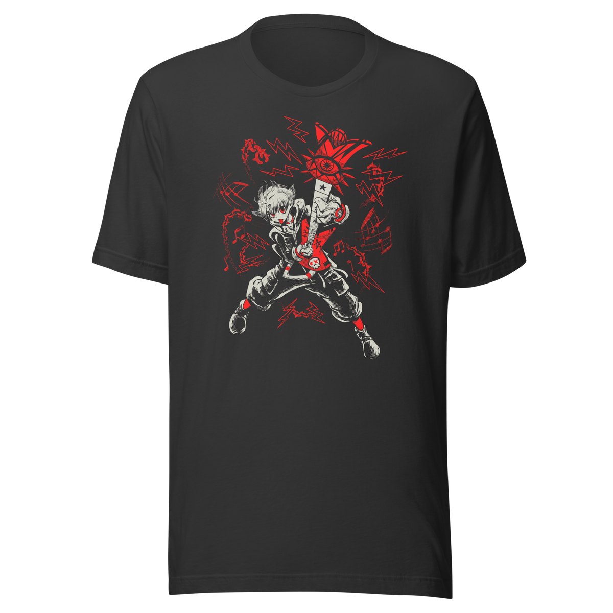 A fierce punk-inspired guitarist plays a red electric guitar in a dynamic pose, surrounded by lightning bolts, musical notes, and bold red-and-white graphics. The high-contrast artwork conveys rebellious energy and intense rock attitude.