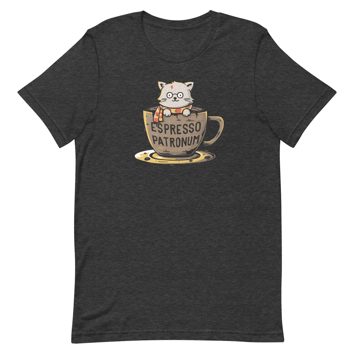 This design features an adorable cartoon cat with glasses and a lightning-shaped scar, wearing a striped scarf, sitting inside a large coffee cup. The cup has the humorous phrase 'Espresso Patronum' printed on it. The overall style is whimsical and playful, blending cute and nerdy elements. The cat appears to be a parody of a popular fictional character associated with magic and wizardry.