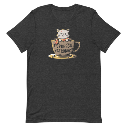 This design features an adorable cartoon cat with glasses and a lightning-shaped scar, wearing a striped scarf, sitting inside a large coffee cup. The cup has the humorous phrase 'Espresso Patronum' printed on it. The overall style is whimsical and playful, blending cute and nerdy elements. The cat appears to be a parody of a popular fictional character associated with magic and wizardry.