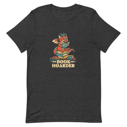 Perched atop his treasure trove of books, this red nerdy dragon is ready to devour epic adventures, magic tales, and fantasy worlds. The words 'BOOK HOARDER' are placed at the bottom of the design.
