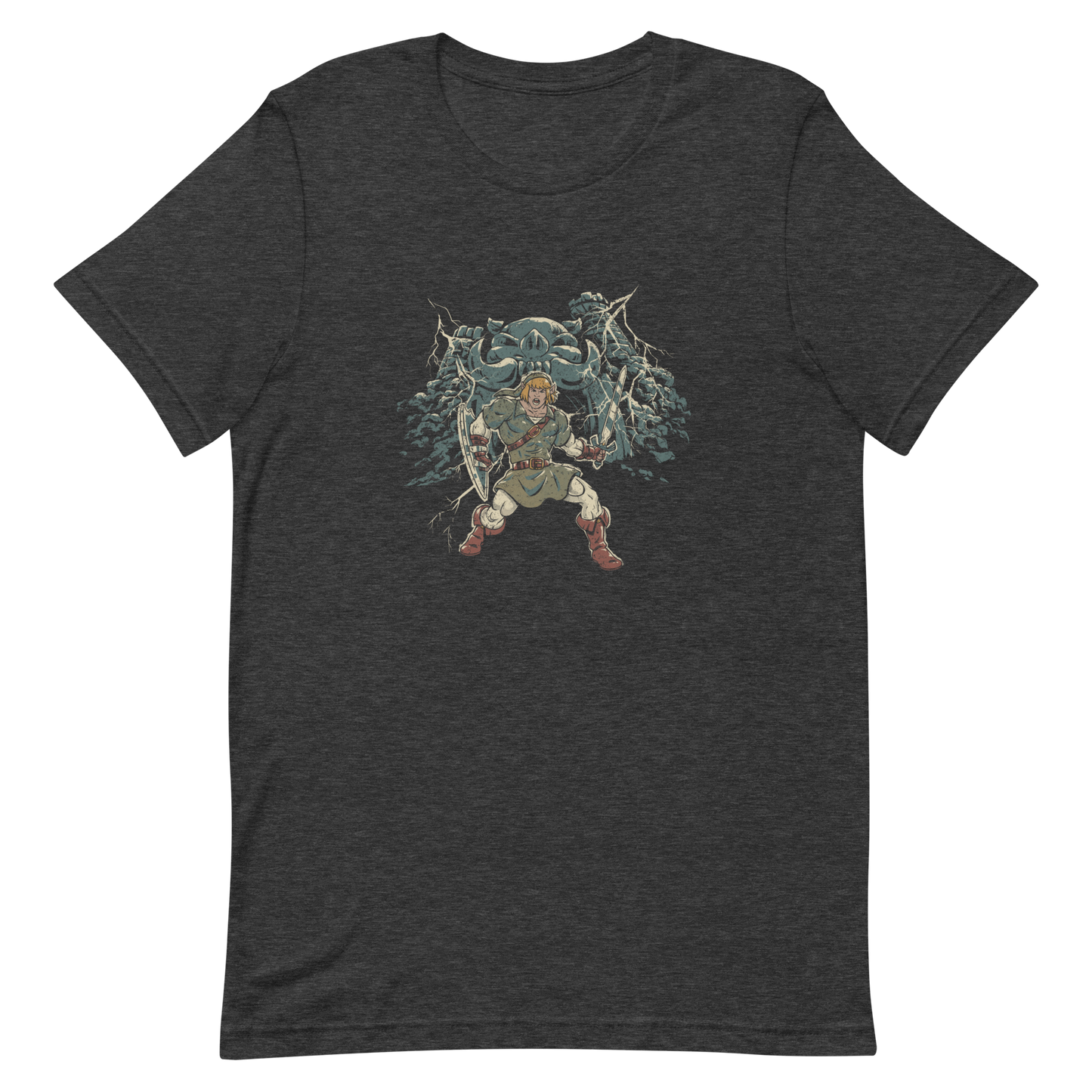 A fierce warrior stands with sword and shield, lightning cracking behind him as he screams in defiance — mixing classic fantasy aesthetics with retro game frustration.