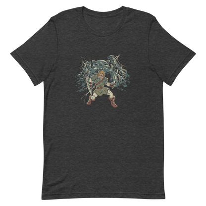 A fierce warrior stands with sword and shield, lightning cracking behind him as he screams in defiance — mixing classic fantasy aesthetics with retro game frustration.