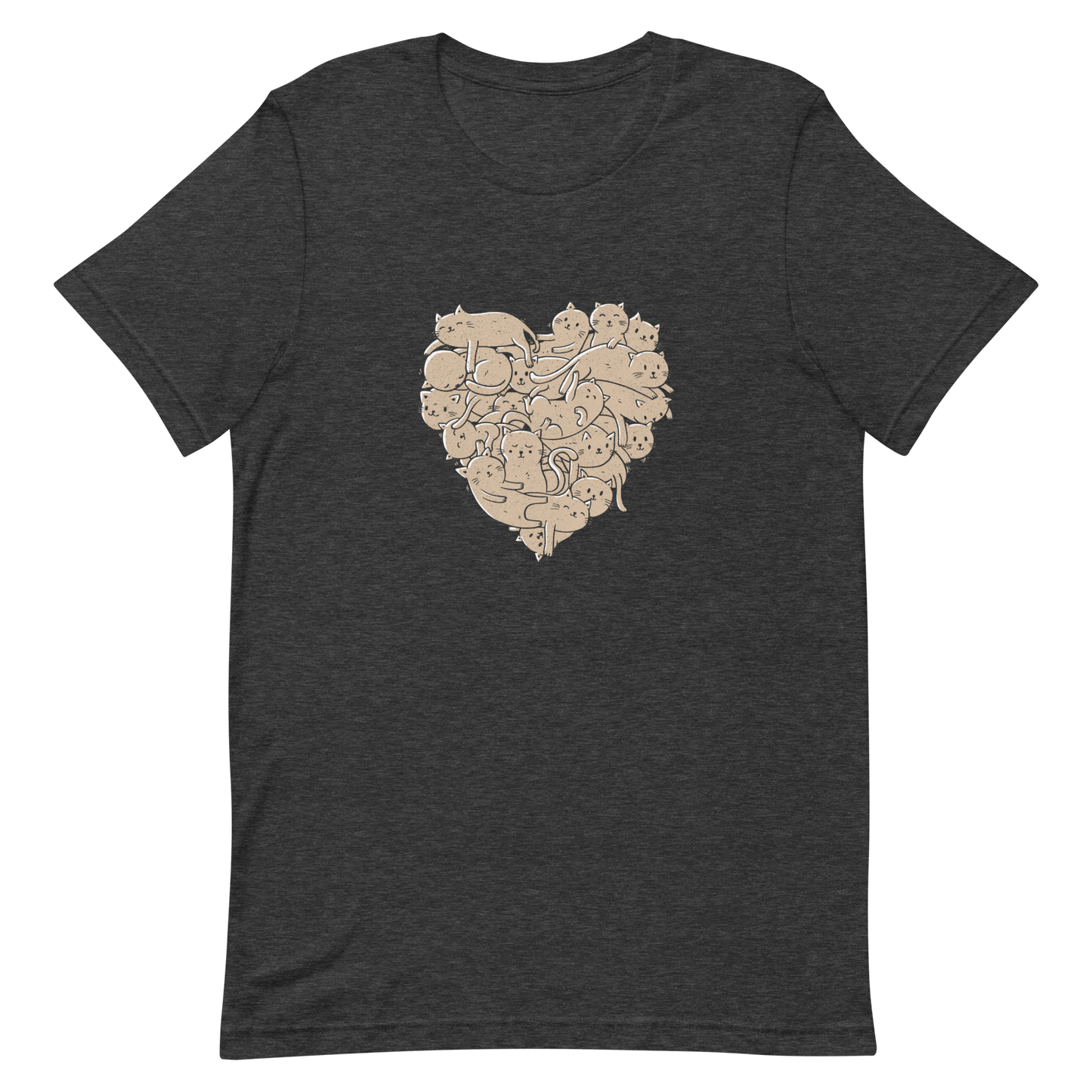 The image showcases an anatomical heart shape filled with numerous small, simple, and cute cartoon-like cat illustrations in a light brown tone. The overall style is whimsical and playful, combining elements of illustration and pop culture art.