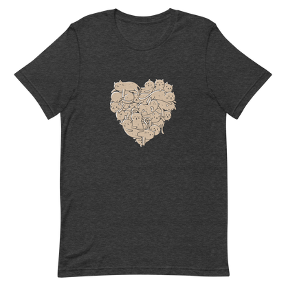 The image showcases an anatomical heart shape filled with numerous small, simple, and cute cartoon-like cat illustrations in a light brown tone. The overall style is whimsical and playful, combining elements of illustration and pop culture art.