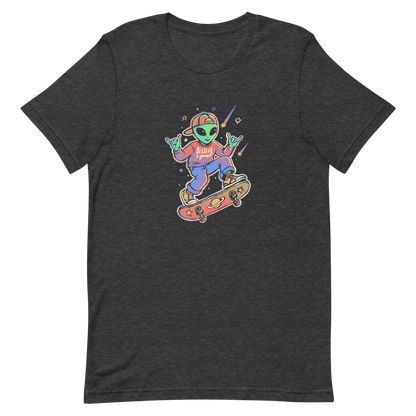 A stylish alien rides a cosmic skateboard, wearing a sweatshirt that says "Believe in Yourself". The artwork blends humor, urban culture, and a space-themed feel with vibrant colors. Ideal for alien fans, skateboard lovers, and anyone who enjoys creative prints with a positive message.