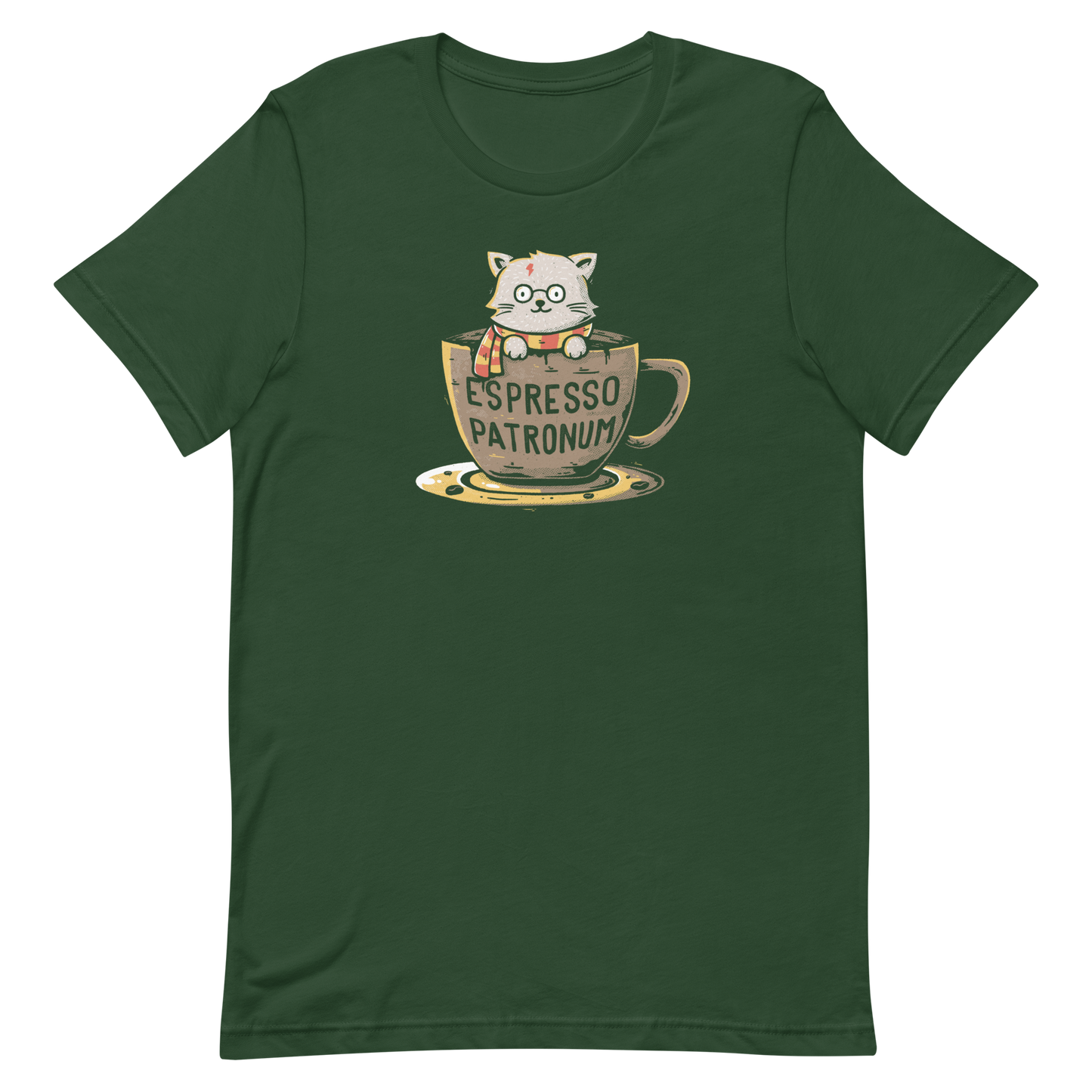 This design features an adorable cartoon cat with glasses and a lightning-shaped scar, wearing a striped scarf, sitting inside a large coffee cup. The cup has the humorous phrase 'Espresso Patronum' printed on it. The overall style is whimsical and playful, blending cute and nerdy elements. The cat appears to be a parody of a popular fictional character associated with magic and wizardry.