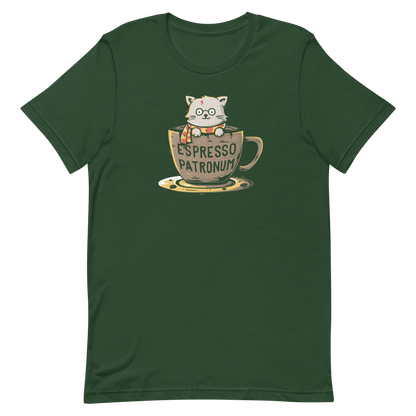 This design features an adorable cartoon cat with glasses and a lightning-shaped scar, wearing a striped scarf, sitting inside a large coffee cup. The cup has the humorous phrase 'Espresso Patronum' printed on it. The overall style is whimsical and playful, blending cute and nerdy elements. The cat appears to be a parody of a popular fictional character associated with magic and wizardry.