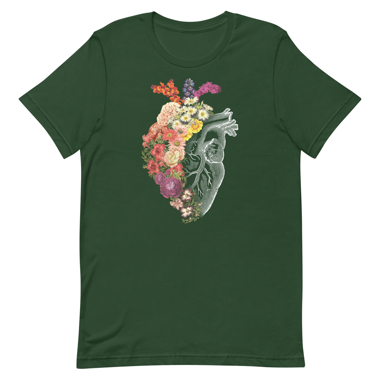 The design is an intricate and anatomical drawing of a human heart on a black background. The left side of the heart morphs into a vibrant assortment of colorful flowers, including roses, daisies, and other blooming blossoms, creating a striking contrast between the realistic and the surreal, symbolizing the harmony between nature and humanity.