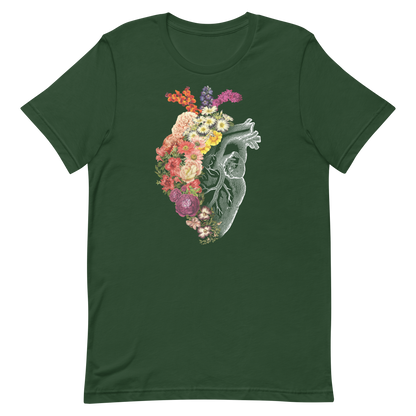 The design is an intricate and anatomical drawing of a human heart on a black background. The left side of the heart morphs into a vibrant assortment of colorful flowers, including roses, daisies, and other blooming blossoms, creating a striking contrast between the realistic and the surreal, symbolizing the harmony between nature and humanity.