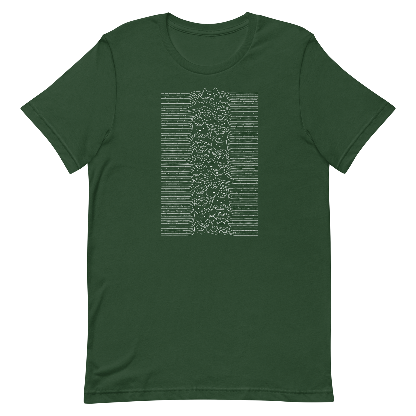 The drawing is a series of continuous wavy lines forming a pattern reminiscent of sound waves or topographic maps, but with an unexpected twist: the lines create the shapes of numerous cat faces stacked vertically. Each cat has simple, expressive features with pointed ears, adding a whimsical element to the otherwise structured pattern.