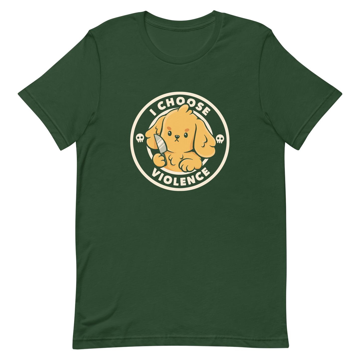A cute yellow cartoon dog holds a small knife, surrounded by a circular logo that reads 'I Choose Violence'. The dog's expression is serious, yet the overall style is playful and cute. Two small skull icons are on either side, adding an ironic tone to the cheerful design.