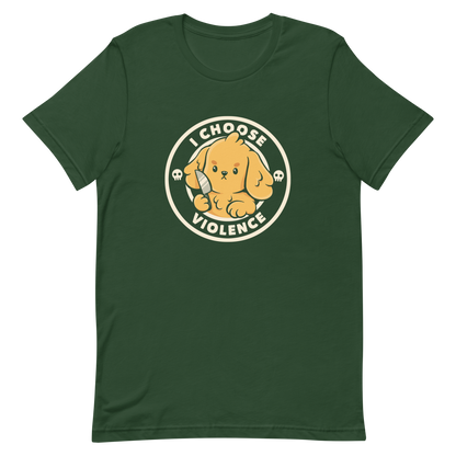 A cute yellow cartoon dog holds a small knife, surrounded by a circular logo that reads 'I Choose Violence'. The dog's expression is serious, yet the overall style is playful and cute. Two small skull icons are on either side, adding an ironic tone to the cheerful design.