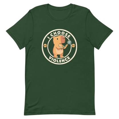 A cute, cartoonish burnt yellow capybara stands holding a spiked mace with a determined expression. Surrounding it is a circular design with the text 'I CHOOSE VIOLENCE' and two small skulls on either side, giving it a humorous yet ironic tone.