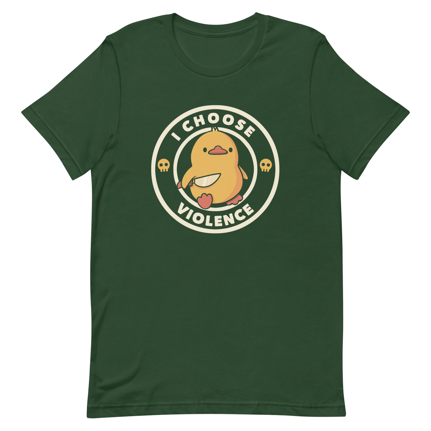 A cute, cartoon-style yellow duckling stands confidently holding a large knife in its wing. The duckling is encircled by text saying 'I CHOOSE VIOLENCE' in bold white letters. Small skull symbols flank the chick on either side, adding a touch of humor and irony to the otherwise adorable drawing.