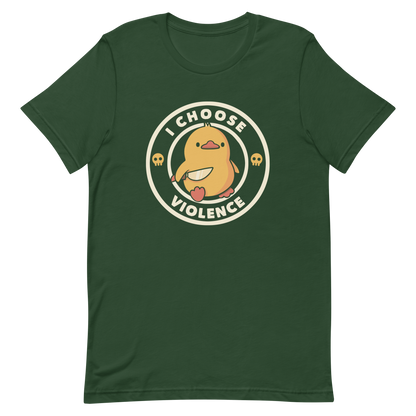 A cute, cartoon-style yellow duckling stands confidently holding a large knife in its wing. The duckling is encircled by text saying 'I CHOOSE VIOLENCE' in bold white letters. Small skull symbols flank the chick on either side, adding a touch of humor and irony to the otherwise adorable drawing.