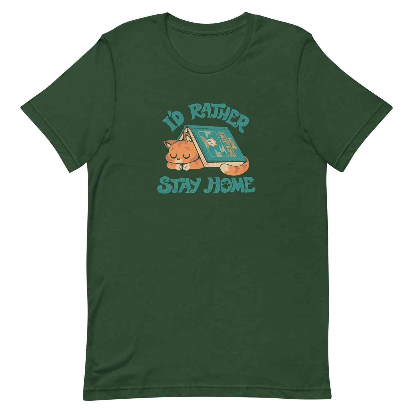 Sleeping orange cat under a book labeled 'Home Sweet Home' with the motto 'I'D RATHER STAY HOME'.