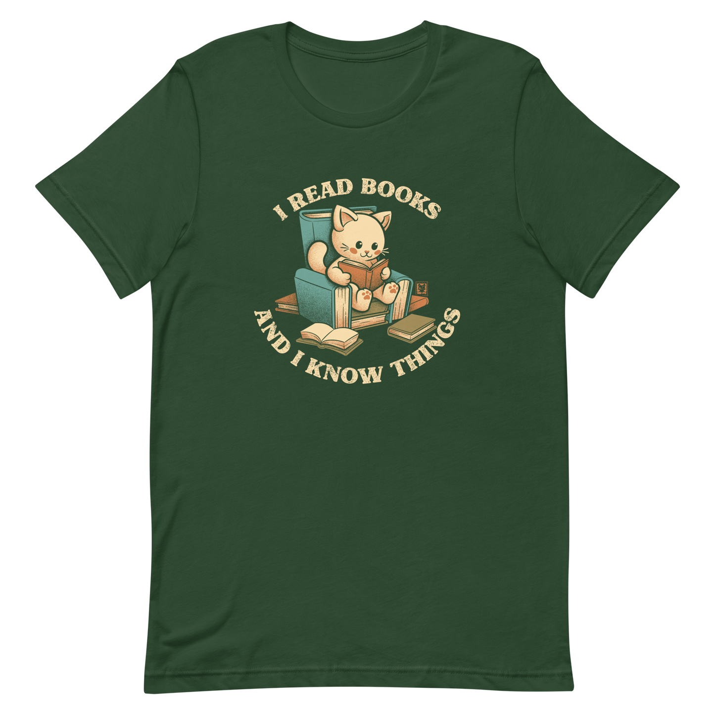 An adorable cat is sitting on a stack of books encircled by the sentence "I READ BOOKS AND I KNOW THINGS". Perfect for book lovers, this design combines wit and cuteness, making it a great choice for those who love reading and cats.