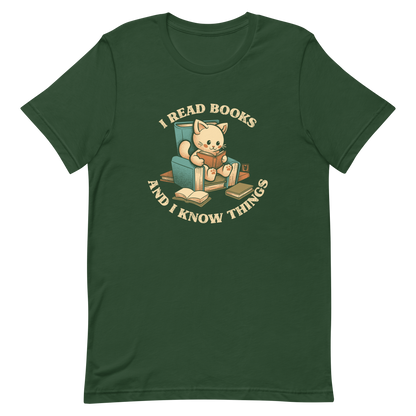 An adorable cat is sitting on a stack of books encircled by the sentence "I READ BOOKS AND I KNOW THINGS". Perfect for book lovers, this design combines wit and cuteness, making it a great choice for those who love reading and cats.