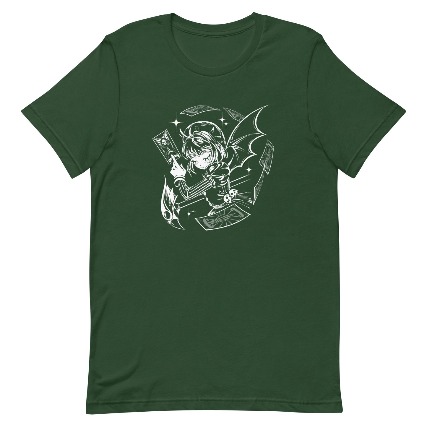 Black-and-white illustration of a gothic anime-style girl with bat wings, holding a magical card while floating cards swirl around her, along with sparkles and a stylized scepter.