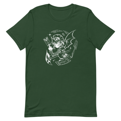 Black-and-white illustration of a gothic anime-style girl with bat wings, holding a magical card while floating cards swirl around her, along with sparkles and a stylized scepter.