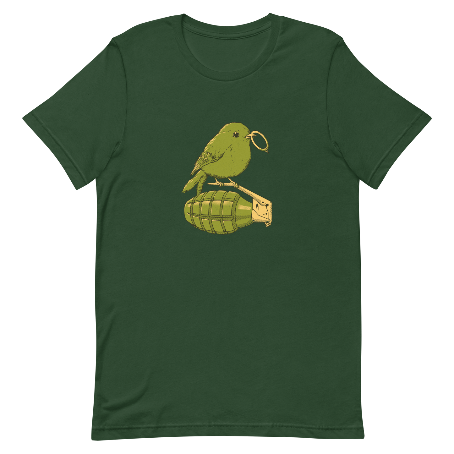 A small, detailed bird with a realistic style perches on top of a hand grenade. The bird holds the pin of the grenade in its beak, giving the image a whimsical yet ironic feel. The color palette consists of shades of green and tan, with a playful blend of nature and military elements. The overall vibe is quirky and thought-provoking, blending humor with a hint of danger.