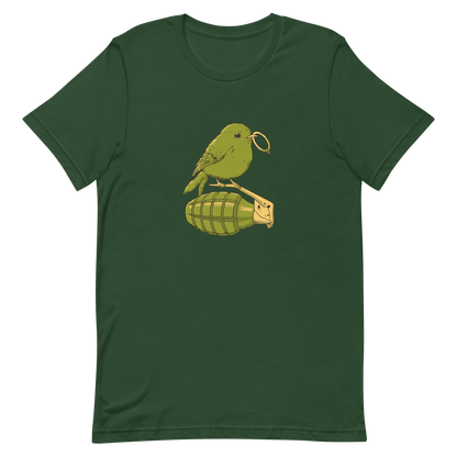 A small, detailed bird with a realistic style perches on top of a hand grenade. The bird holds the pin of the grenade in its beak, giving the image a whimsical yet ironic feel. The color palette consists of shades of green and tan, with a playful blend of nature and military elements. The overall vibe is quirky and thought-provoking, blending humor with a hint of danger.