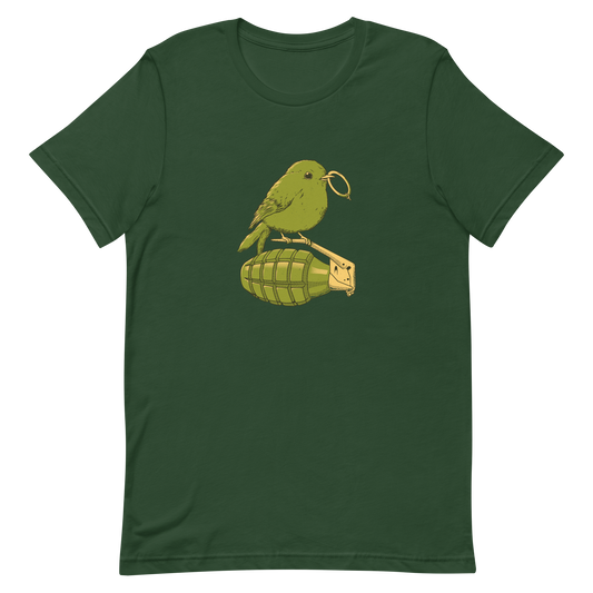 A small, detailed bird with a realistic style perches on top of a hand grenade. The bird holds the pin of the grenade in its beak, giving the image a whimsical yet ironic feel. The color palette consists of shades of green and tan, with a playful blend of nature and military elements. The overall vibe is quirky and thought-provoking, blending humor with a hint of danger.